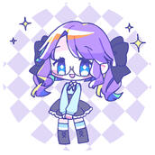 A chibi, feminine person with purple hair in curly pigtails, 2 black bows, sparkly blue eyes, and round glasses. They are wearing a pastel blue long-sleeve shirt with a neck ribbon, black suspenders, a poofy black skirt with white ruffles, blue and white s